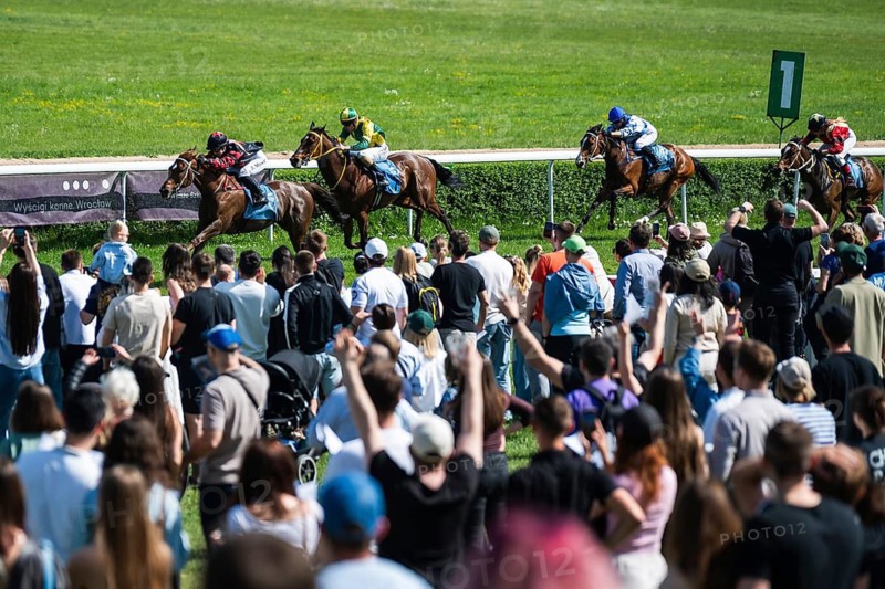 WROCLAW, POLAND - MAY 10, 2026: Horse race track WTWK Partynice. International race Group II for 4-year-old horses. Horse race in progress at Wroclaw racetrack, jockeys galloping past cheering crowd, real authentic sports atmosphere