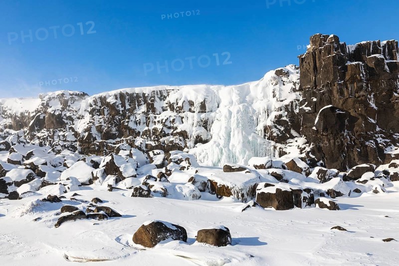 Öxarárfoss, frozen waterfall, lava rock, rock, snow, frost, winter, Golden Circle, Iceland, Scandinavia