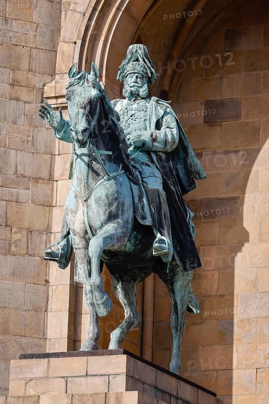 Dortmund, North Rhine-Westphalia, Germany - Kaiser Wilhelm Monument on Hohensyburg Castle, unveiled in 1902, the Kaiser Wilhelm Monument was erected to commemorate the victory of the German Empire in the Franco-Prussian War of 1870-1871 and shows the Emperor sitting on horseback in front of a 34 metre high tower