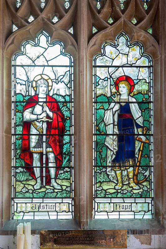 Stained glass window depicting Justice and Hope, All Saints church, Great Glemham Suffolk, England, UK by Powell & Sons c 1917