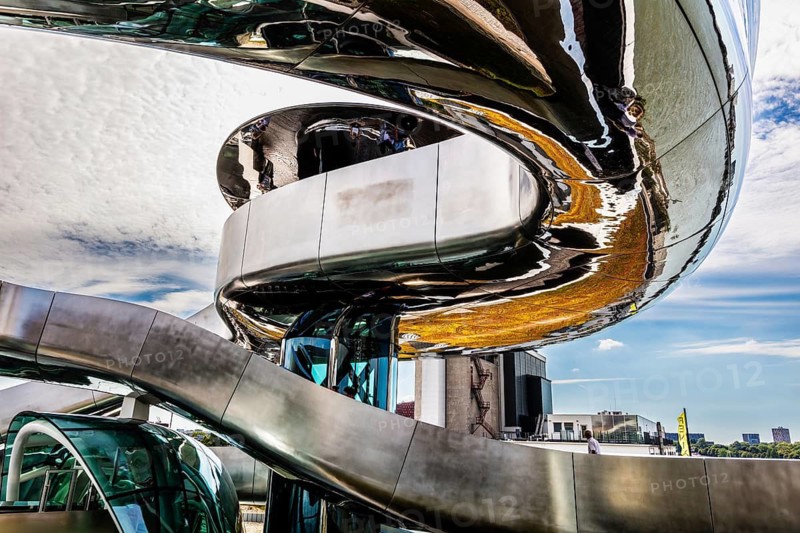 Spectacular double spiral staircase from ground floor to roof terrace, offering breathtaking views over the Maas and Hotel New York, FENIX, museum about migration, in a historic warehouse in Katendrecht, Rotterdam, the Netherlands