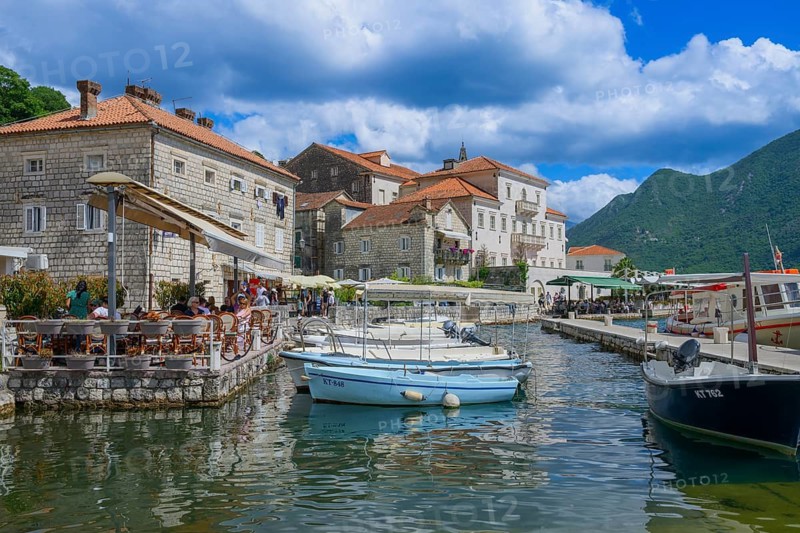 Harbour and boats at Boka Kotor bay (Boka Kotorska), Perast, Montenegro