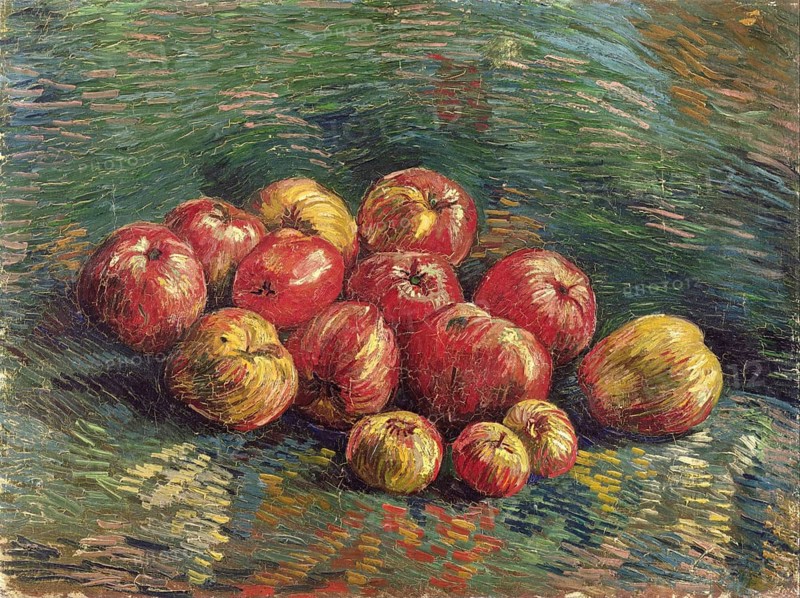 Apples (1887), Apples (1887), Painting by Vincent Willem van Gogh (born 30 March 1853 in Groot-Zundert, died 29 July 1890 in Auvers-sur-Oise), Dutch painter and draughtsman, one of the founders of modern painting, Illustration, Reproduction from a painting. Authentic, exact date of the original unknown, Historical, A still life with an arrangement of red and yellow apples on a beige background