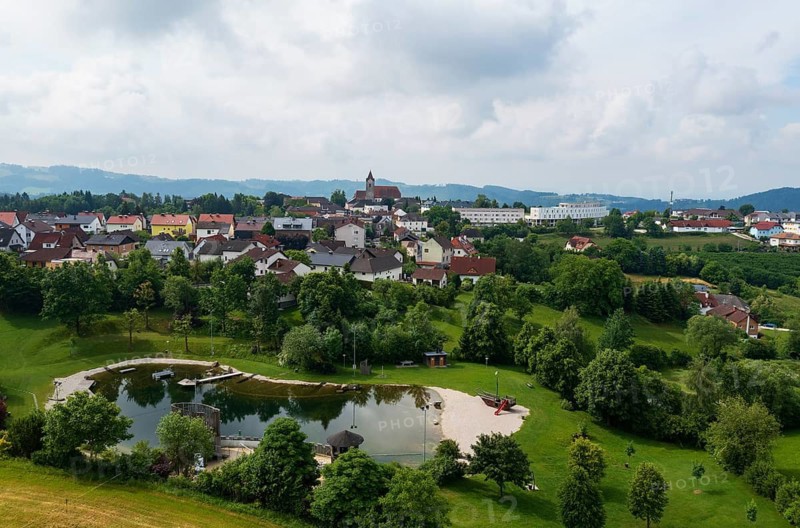 Drone image, bathing lake, Tragwein, Freistadt district, Mühlviertel, Upper Austria, Austria