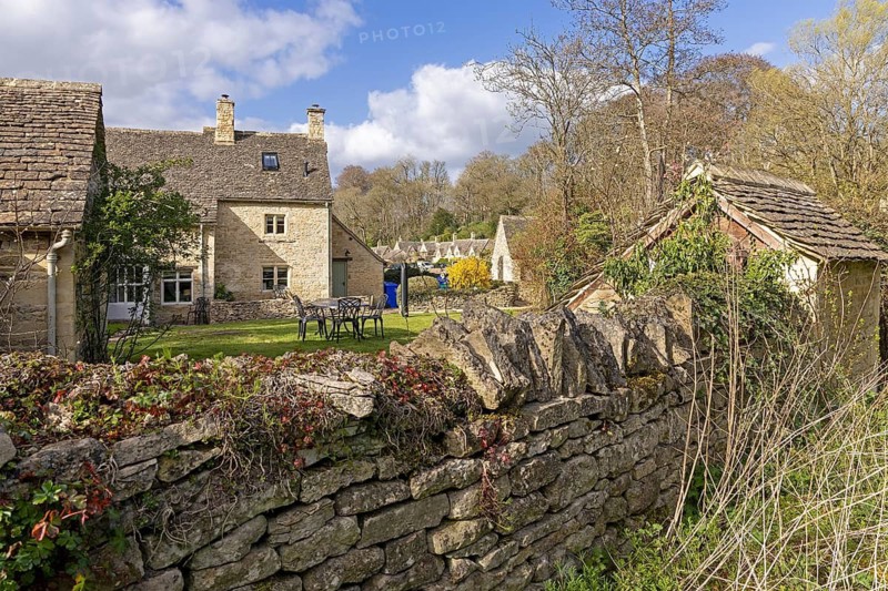 Houses, Arlington Row from behind, Cotswold Stone, Bibury, The Cotswolds, England, Great Britain