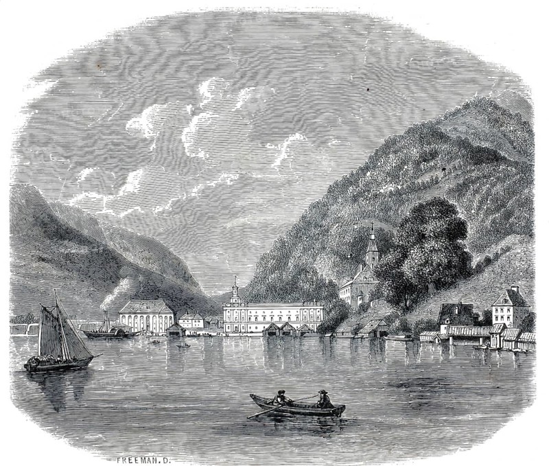 Steel engraving from 1840 depicting Ebensee am Lake Traun in Upper Austria, authentic, high-resolution reproduction from a 19th century model, exact date of depiction unknown, historical