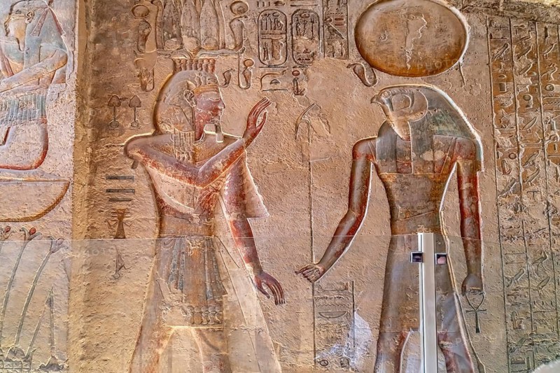 Reliefs in the ancient Egyptian tomb of Pharaoh Ramesses IV in the Valley of the Kings near Luxor, Egypt