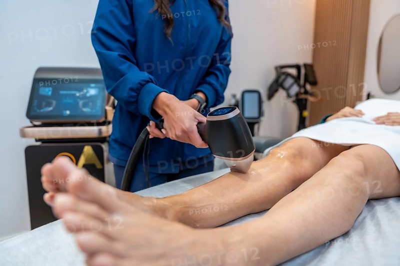 Woman technician holding a modern laser device and performing permanent hair removal on a client's leg at a professional aesthetic clinic for beauty treatments