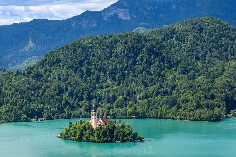 A high view of Lake Bled and Bled Island with the Church of the Assumption, Bled, Slovenia