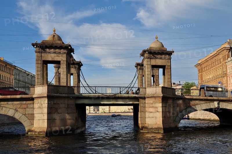 Historic bridge in Petersburg spanning a river with summer sky, Lomonosov Bridge, Saint Petersburg, St. Petersburg, Russia