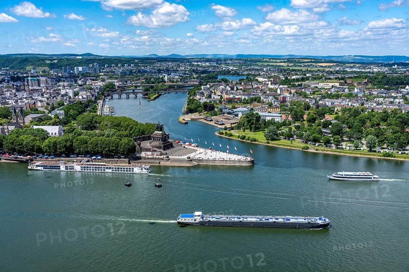 The Deutsches Eck, the confluence of the Moselle with the Rhine, near Koblenz, looking west, with the Kaiser Wilhelm Memorial, Rhineland-Palatinate, Germany