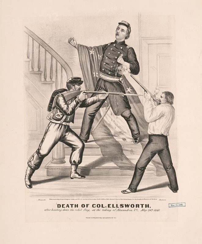 Elmer E. Ellsworth was shot dead by the hotel owner James W. Jackson (right) after Ellsworth had removed a Confederate flag from the roof of the hotel, 24 May 1861. On the left, Union soldier Francis Brownell intervenes and kills Jackson immediately after Ellsworth's death. American history, authentic, digitally restored high-resolution reproduction from a 19th-century original, exact date of the scene unknown, historical