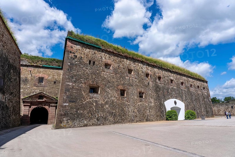 The Ehrenbreitstein Fortress on the right bank of the Rhine near Koblenz, The Ravelin, pentagonal fortress, with the German Army Memorial, for the soldiers killed in the World Wars and during the German Armed Forces deployed abroad, Rhineland-Palatinate, Germany