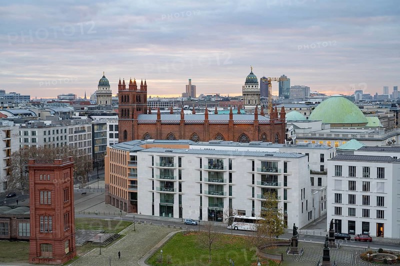 City view, Bauakademie, Schinkelplatz, Friedrichswerder Church, behind German Cathedral and French Cathedral, view from the roof terrace of the Humboldt Forum, Mitte, Berlin, Germany