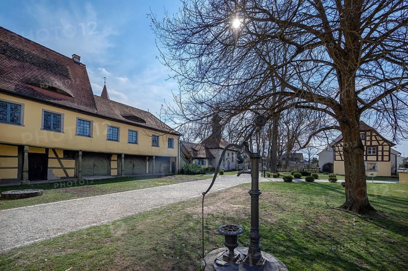 Adelsdorf castle courtyard with castle chapel, built in Renaissance style in 1765, Adelsdorf, Middle Franconia, Bavaria, Germany