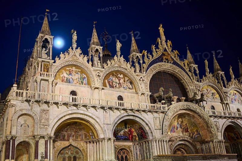 View from 'San Marcus' Place over to the Church of 'San Marco' in Venice by night in winter, Italy