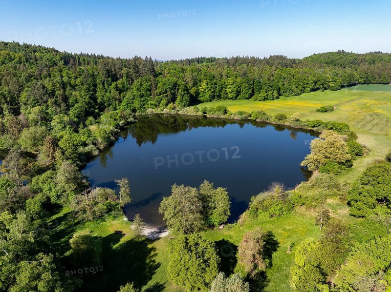 Aerial view of Buchensee also known as Güttinger See, a bathing lake near Radolfzell on Lake Constance, district of Constance, Baden-Württemberg, Germany