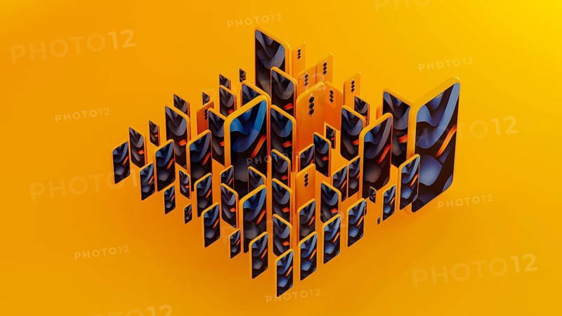 Many yellow frame smartphone exist with blue abstract art displayed on the screen. This creates a modern mobile background. 3D effect