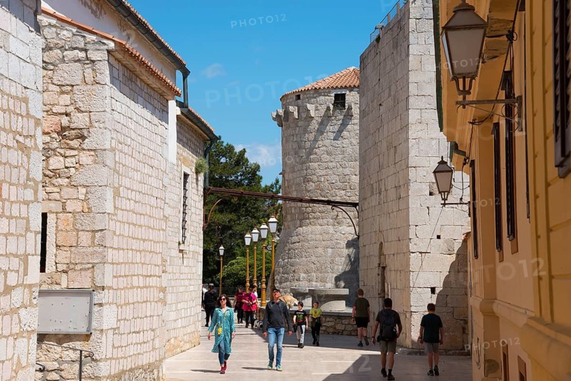 Picturesque old town centre with cobbled streets and old buildings, bustling with people, Frankopan Castle, Kamplin Square, old town centre, Krk town, island of Krk, Kvarner Gulf Bay, Primorje-Gorski kotar, Croatia