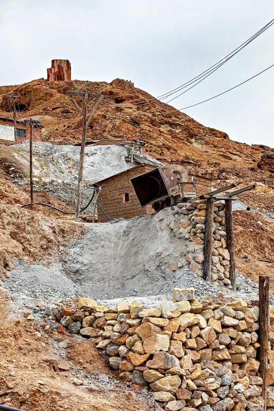Abandoned mining site with rocky trails and abandoned buildings in a dry environment, The silver mines of Potosi on Cerro Rico in Bolivia