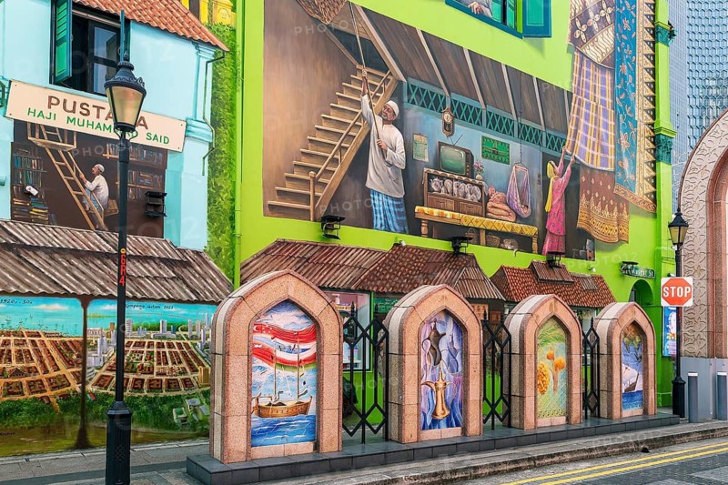 Contemporary street art on Muscat Street recalls Omani maritime culture near Sultan Mosque in Kampong Glam, Singapore
