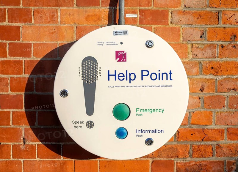 Automated Help Point information emergency customer support facility at railway station, Pewsey, Wiltshire, England, UK
