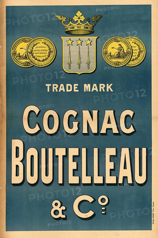 Advertising poster, beverage advertisement, poster for Cognac Boutelleau & C°, a historic French cognac brand. The poster dates from 1899 and was created by Affiches Pichot. The brand logo shows a sign with three daggers and a star, authentic reproduction of a historical advertising poster, advertising sign, in high resolution, historical