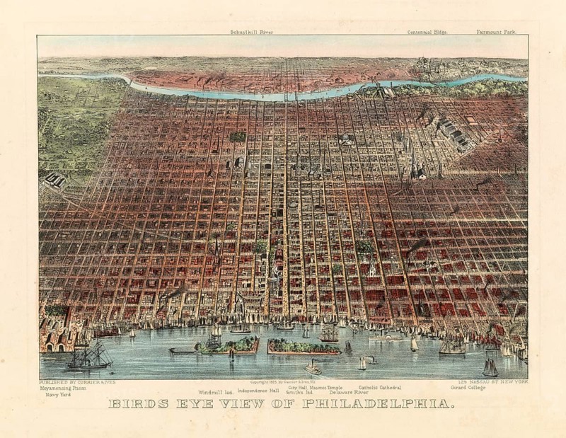 Bird's Eye View of Philadelphia, 1875, detailed bird's-eye view of the city with views over the Delaware River and the surrounding urban road network, authentic, digitally restored high-resolution reproduction from a 19th-century original, exact date of depiction unknown, American history, historical