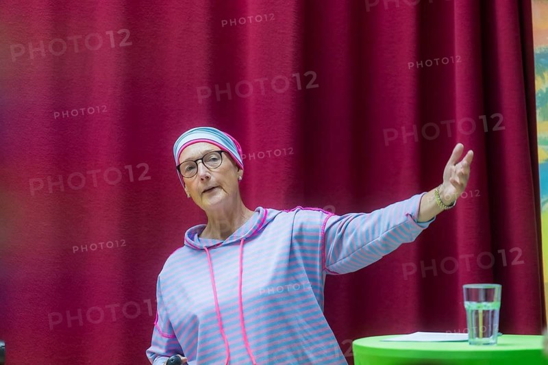 Julia Pechstein giving a presentation about her grandfather's work to BRÜCKE painter Max Pechstein, on the summer of art in the Red House. Here, BRÜCKE artists painted their outdoor models, Dippelsdorf, Saxony, Germany