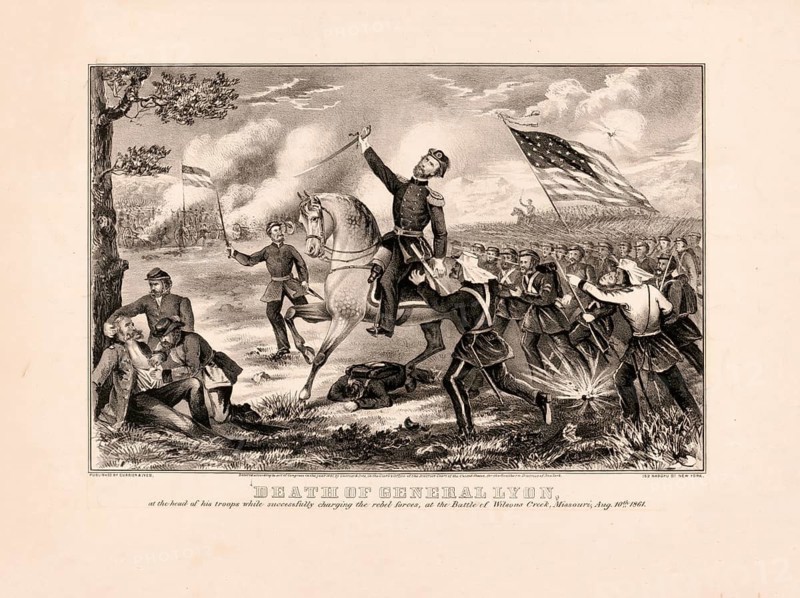 Death of General Nathaniel Lyon at the head of his troops during the Battle of Wilson's Creek on August 10, 1861, American history, authentic, digitally restored high resolution reproduction from a 19th-century original, exact date of depiction unknown, historical