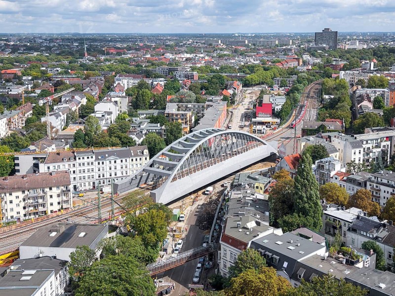 Aerial view of the new star bridge and railway line over Hamburg-Altona and Sternschanze, Hamburg, Germany