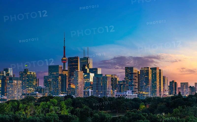 Panoramic view of the downtown Toronto financial center skyline with modern skyscrapers