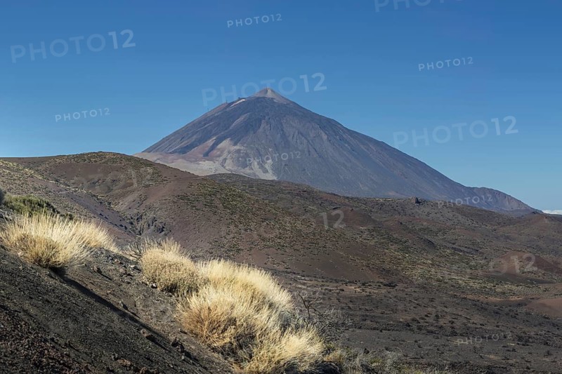 Panorama from the east over the Teide National Park, Parque Nacional del Teide, to Pico del Teide, 3715m, Tenerife, Canary Islands, Spain
