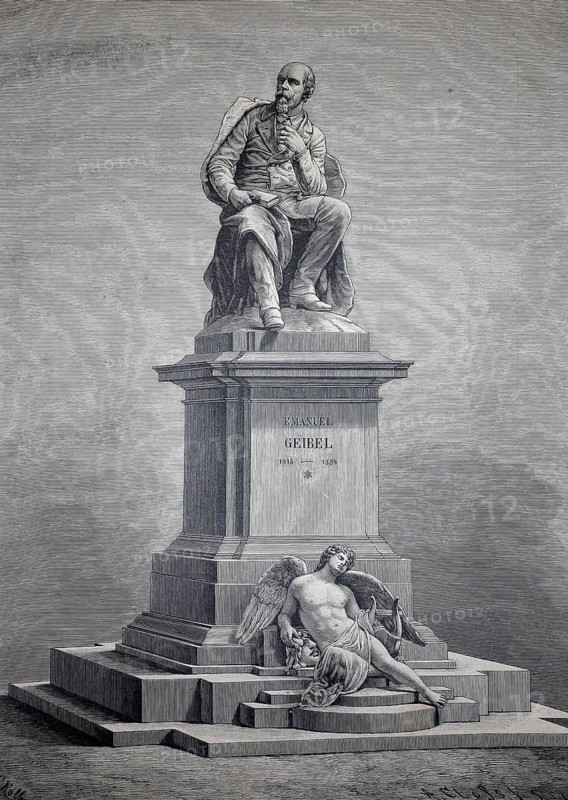 Monument in Lübeck for Emanuel Geibel, Franz Emanuel August Geibel (born 17 October 1815 in Lübeck, died 6 April 1884 ibid.), German lyricist, Illustration, Reproduction from a 19th century original. Authentic, File restored for optimal use, Exact date of original unknown, Historical, A statue of a seated man with a reclining angel at his feet
