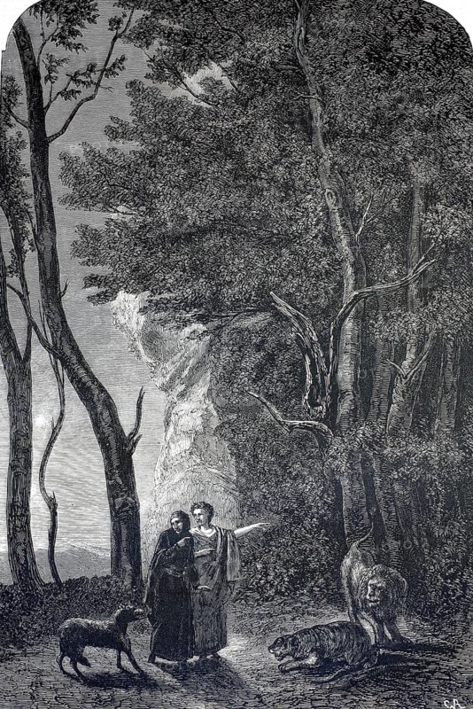 Dante Alighieri and his guide Virgil in the dark forest. The scene captures the moment when the poet Dante attempts to climb a hill illuminated by the morning sun, but his path is blocked by three symbolic beasts, authentic, high-resolution reproduction from a 19th-century model, exact date of depiction unknown, historical