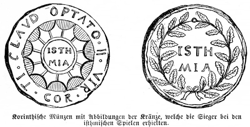 Corinthian coins with wreaths for winners of the Isthnian Games, epistle Paul to the Corinthians, New Testament, letter, money, reward, sport, competition, laurel wreath, medal, Bible, historical illustration 1850