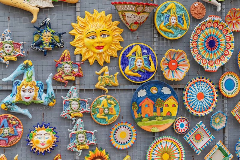 Ceramic souvenirs on display, Taormina, Sicily, Italy