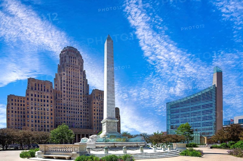 Buffalo City Hall and Marble Lion Of Monument in city downtown
