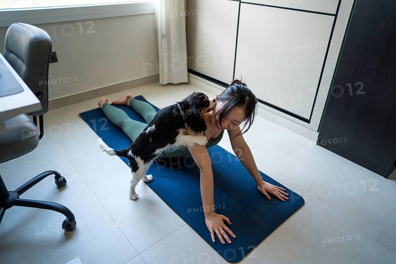 A young Asian woman attempts to exercise on a yoga mat at home, while her playful dog eagerly interrupts by climbing on her back, creating a joyful scene