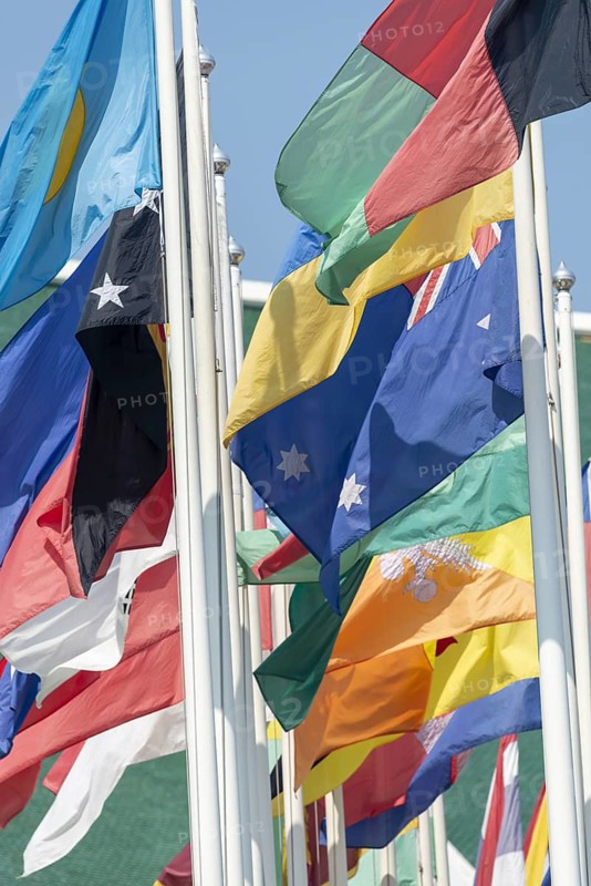 Many flags in front of the United Nations Conference Centre, Bangkok, Thailand