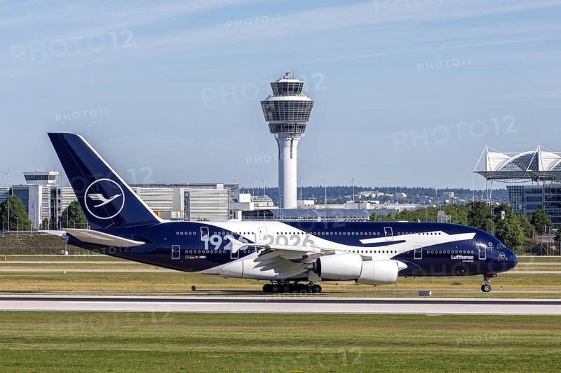 A Lufthansa Airbus A380-800 aircraft with the D-AIMH license plate and the 100 years of Lufthansa special livery at Munich Airport, Germany