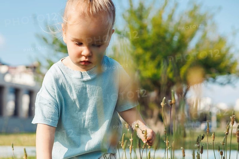 Young child in a light blue shirt crouches in a lush green field, intently picking dandelions. The background shows a modern residential area under a clear blue sky, creating a serene atmosphere