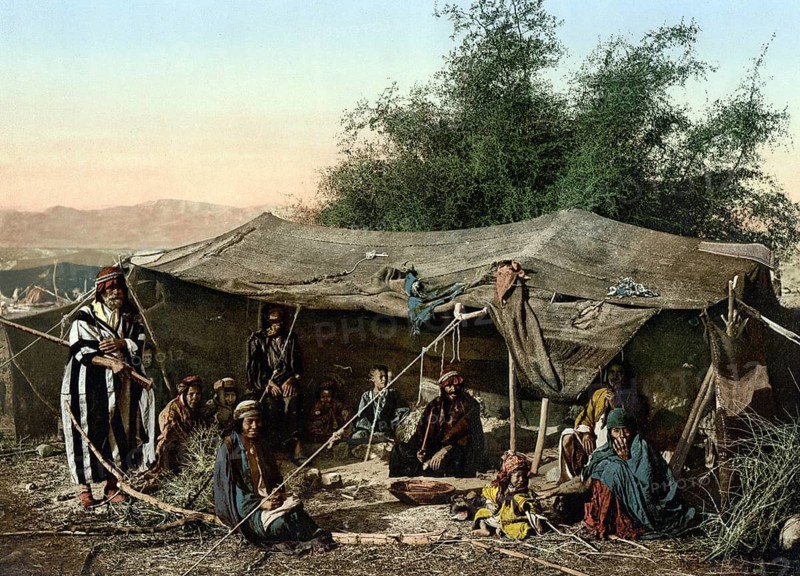 Bedouins in front of a tent, Lebanon, Historical, digitally restored reproduction from a 19th century original, Record date not stated