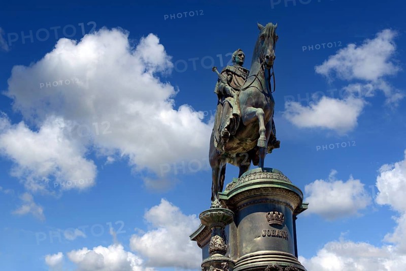 Germany, Saxony, Dresden, equestrian monument at the theatre square in front of the Semper Opera House, King, John of Saxony, blue sky, cumulus clouds, montage, (M), Dresden, Saxony, Federal Republic of Germany