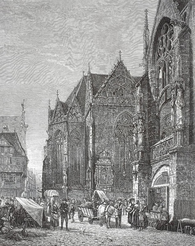 Old town market in Braunschweig. On the right, you can see the Gothic Old Town Hall with its characteristic, filigree tracery arbors. In the background stands the magnificent St. Martini Church, one of the most important medieval church buildings in the Lion City, Germany, illustration, reproduction from a model from the 19th century. Authentic, file restored for optimal use, exact date of submission unknown, historical