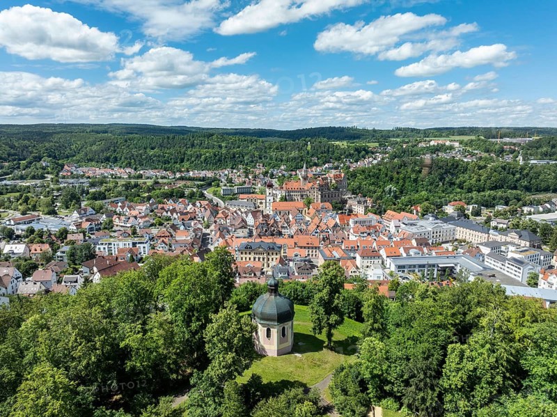 Aerial view of the town of Sigmaringen with the baroque Josef Chapel and the Hohenzollern Castle above the old town, district of Sigmaringen, Swabian Alb, Baden-Württemberg, Germany