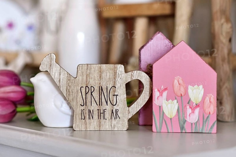 Seasonal decor arrangement with bird, house, tulip flowers and watering can with text 'Spring is in the air'