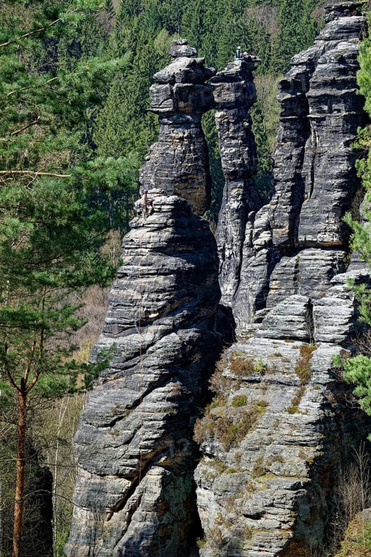 Climbers, rock formations, rock towers Hercules columns, natural wonders, climbing rocks, excursion destination, rock formation, rock landscape, ottomill, Biela Valley, Elbe Sandstone Mountains, Saxon Switzerland, Saxony, Germany