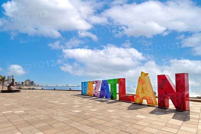 Mazatlan, Mexico-10 March, 2020: Big Mazatlan Letters at the entrance to Golden Zone (Zona Dorada), a famous touristic beach and resort zone in Mexico