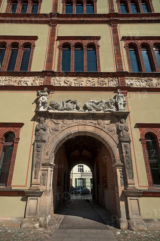 Facade and portal of the Fürstenhof, Renaissance building from 1553 to 1554, Wismar, Mecklenburg-Vorpommern, Germany